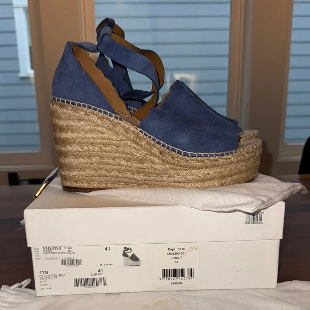 CHLOE - LAUREN ESPADRILLE COBALT SUEDE WEDGE SANDALS - Picture 1 of 7